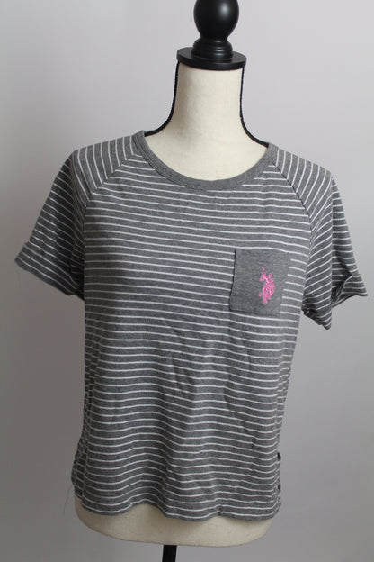 Women’s U.S. Polo Assn. Grey & White Striped Long Sleeve Tee – Size Medium