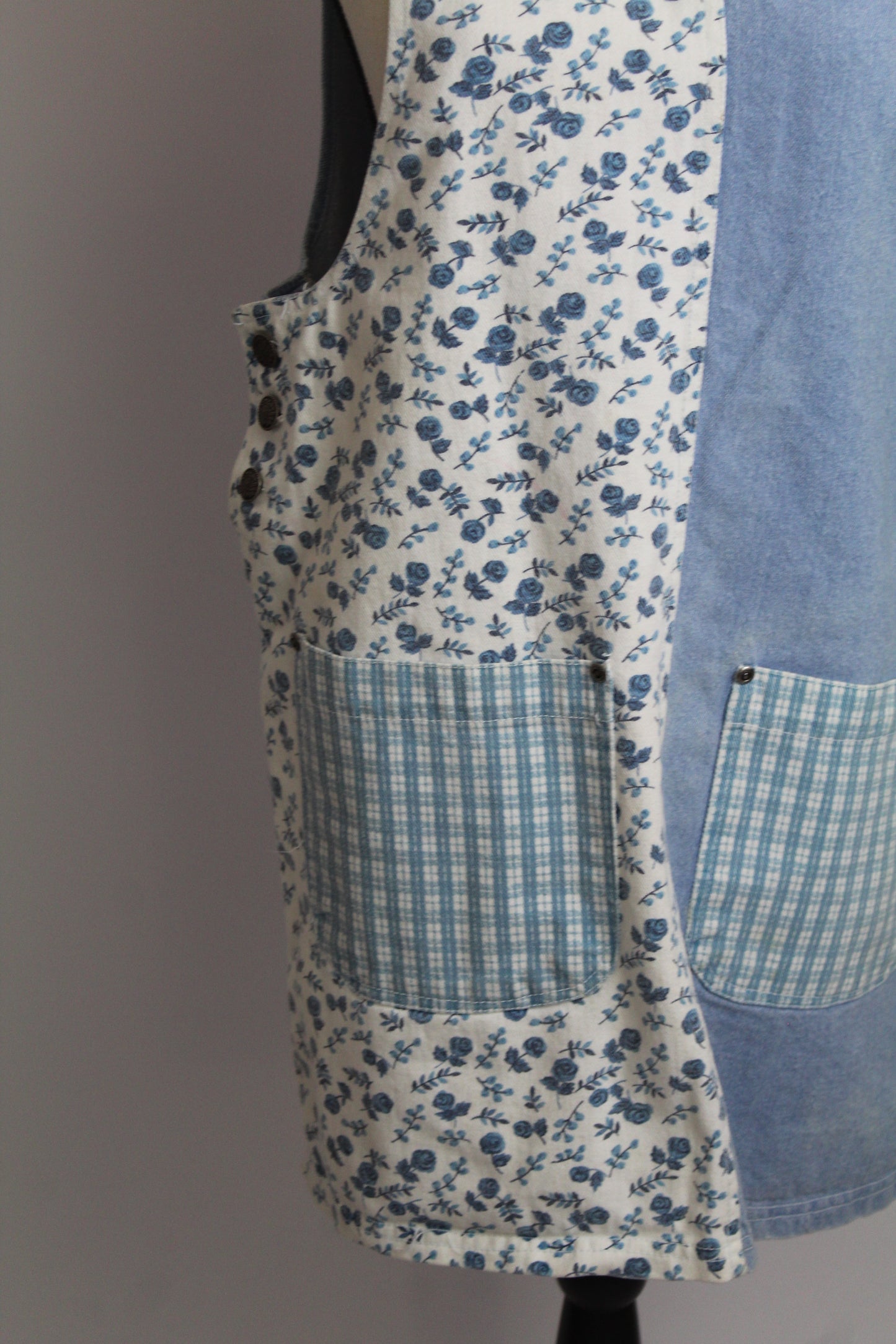 Women's Vintage Blue Floral & Denim Patchwork Jumper Dress (Apron Dress)
