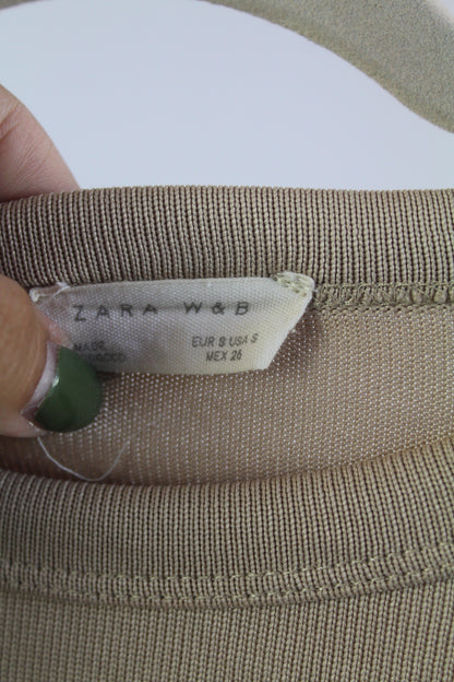 Zara W&B Collection Cropped Long Sleeve Tan Blouse Size Small
