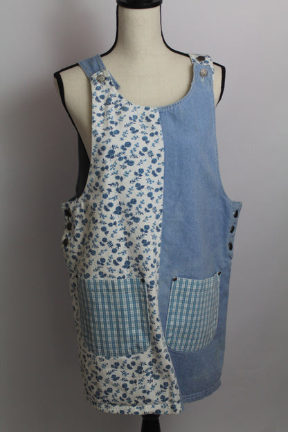 Women's Vintage Blue Floral & Denim Patchwork Jumper Dress (Apron Dress)