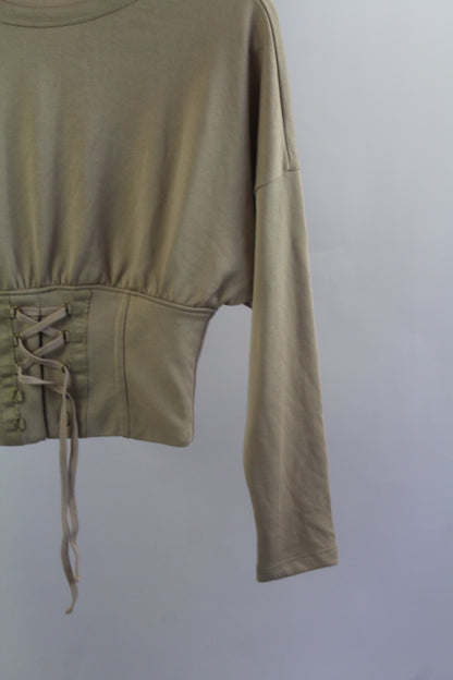 Zara W&B Collection Cropped Long Sleeve Tan Blouse Size Small