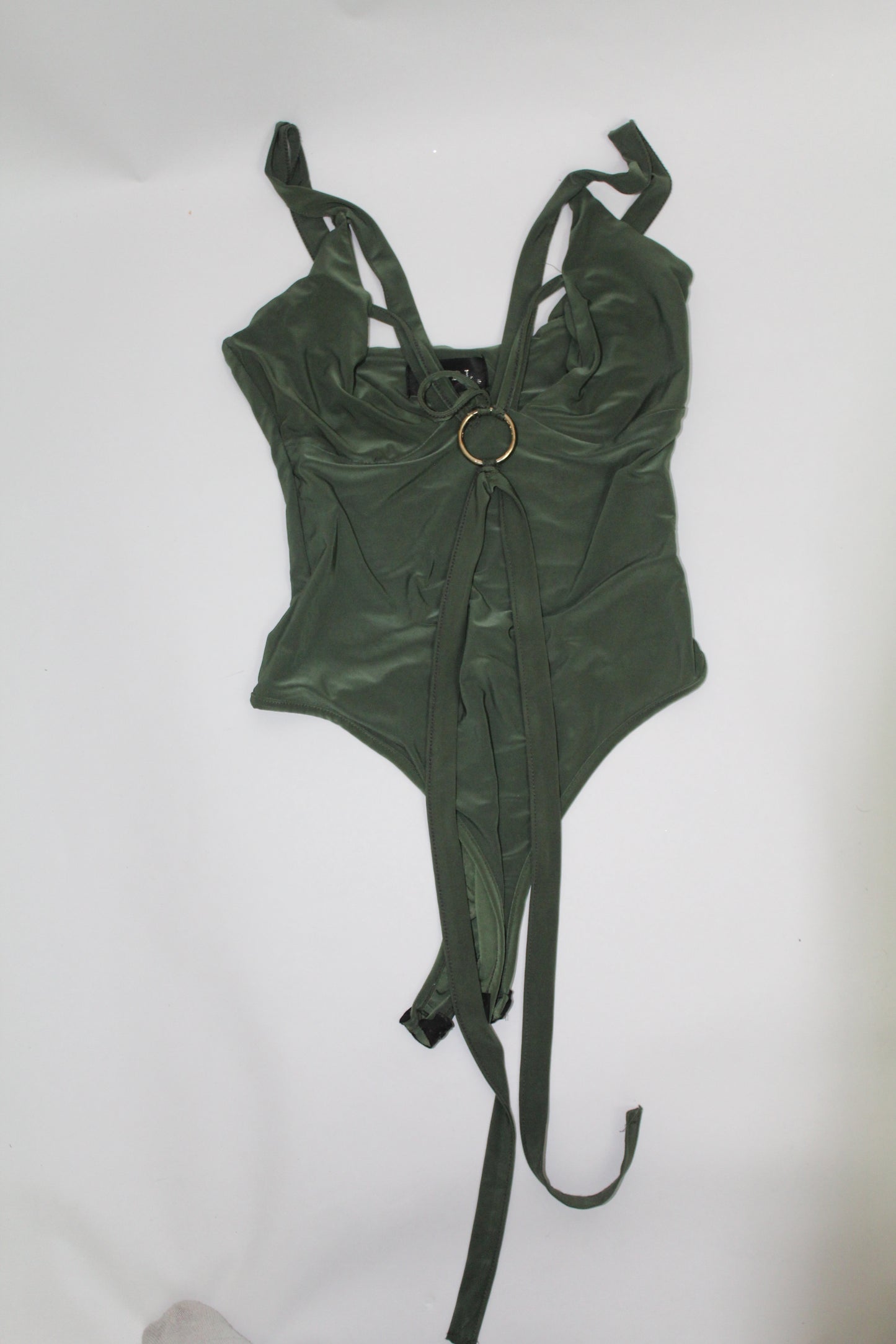 Women’s Olive Green Tie-Front Ring Detail Bodysuit – Size Unknown