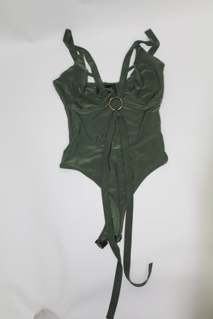 Women’s Olive Green Tie-Front Ring Detail Bodysuit – Size Unknown