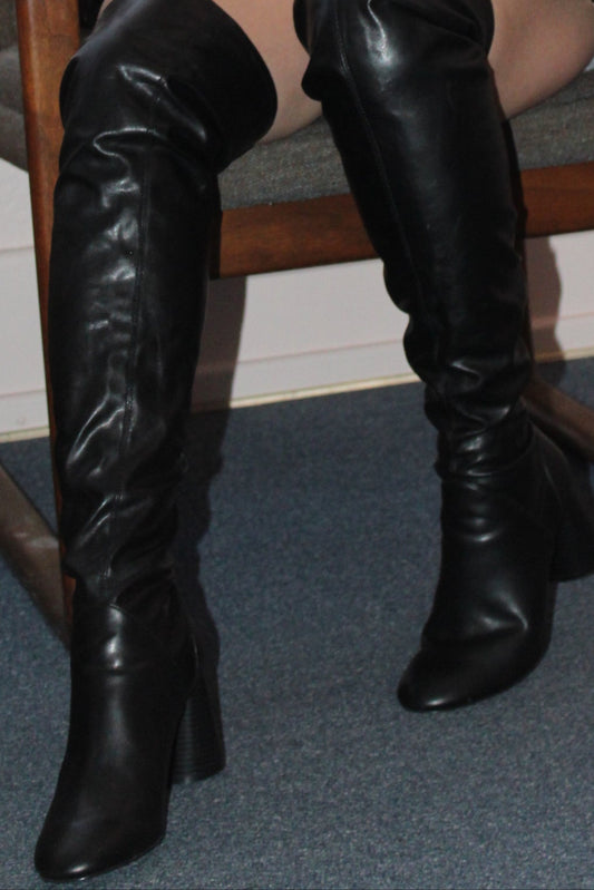 Zara Pre-loved Black Over the Knee Pleather Boots - Size 7