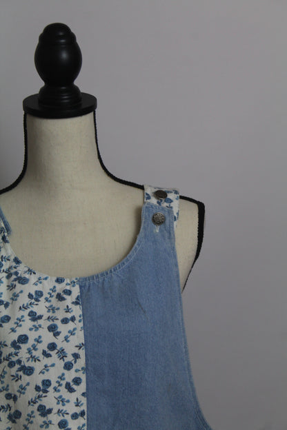 Women's Vintage Blue Floral & Denim Patchwork Jumper Dress (Apron Dress)
