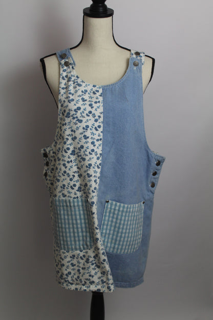 Women's Vintage Blue Floral & Denim Patchwork Jumper Dress (Apron Dress)
