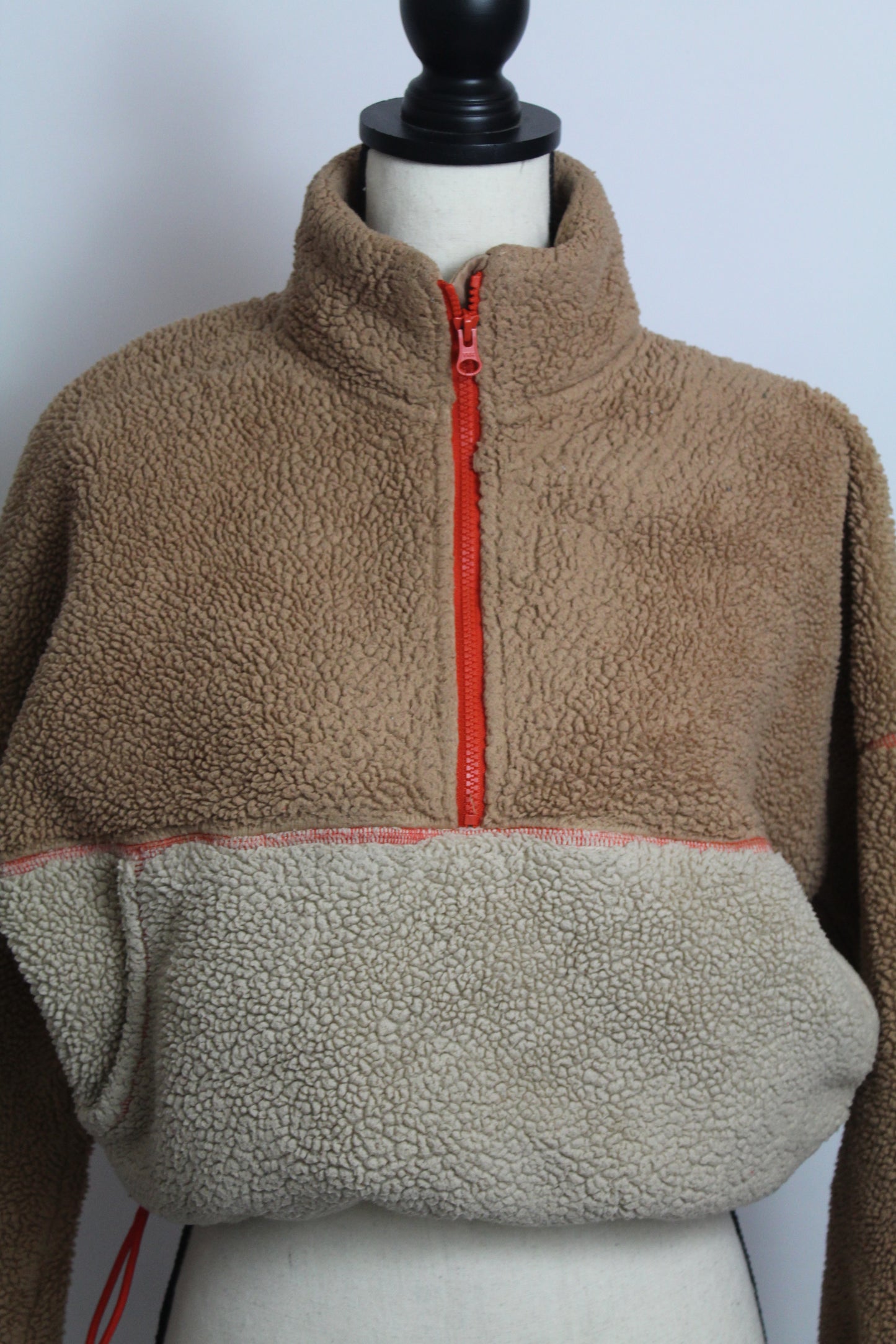 Women’s Tan & Cream Colorblock Sherpa Quarter-Zip Pullover – Size Small