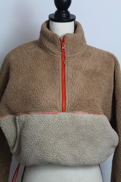 Women’s Tan & Cream Colorblock Sherpa Quarter-Zip Pullover – Size Small