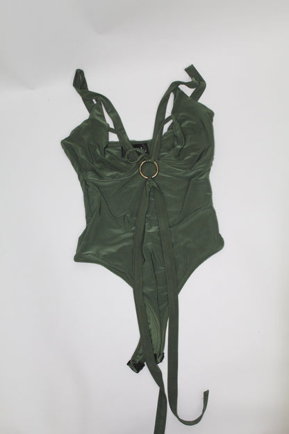 Women’s Olive Green Tie-Front Ring Detail Bodysuit – Size Unknown