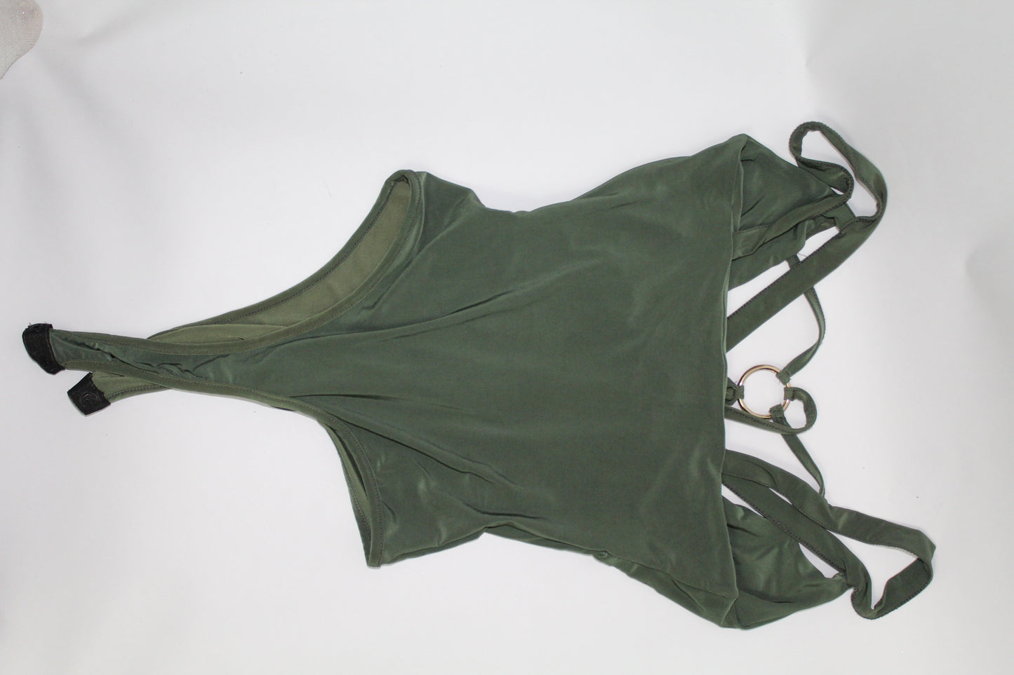 Women’s Olive Green Tie-Front Ring Detail Bodysuit – Size Unknown