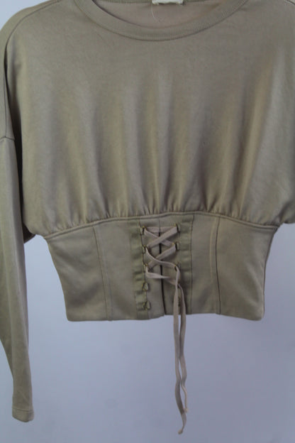 Zara W&B Collection Cropped Long Sleeve Tan Blouse Size Small