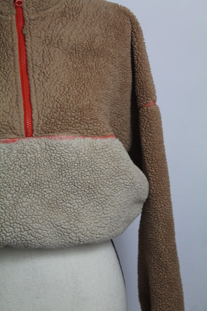 Women’s Tan & Cream Colorblock Sherpa Quarter-Zip Pullover – Size Small
