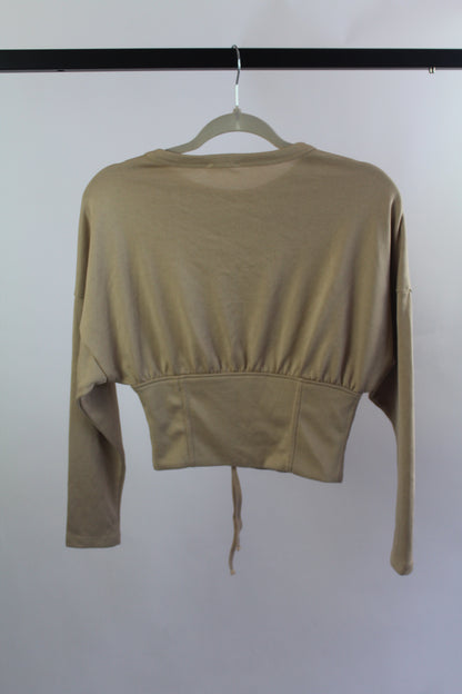 Zara W&B Collection Cropped Long Sleeve Tan Blouse Size Small