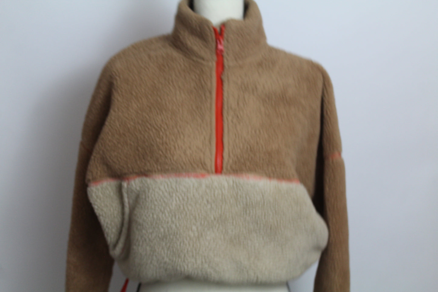 Women’s Tan & Cream Colorblock Sherpa Quarter-Zip Pullover – Size Small