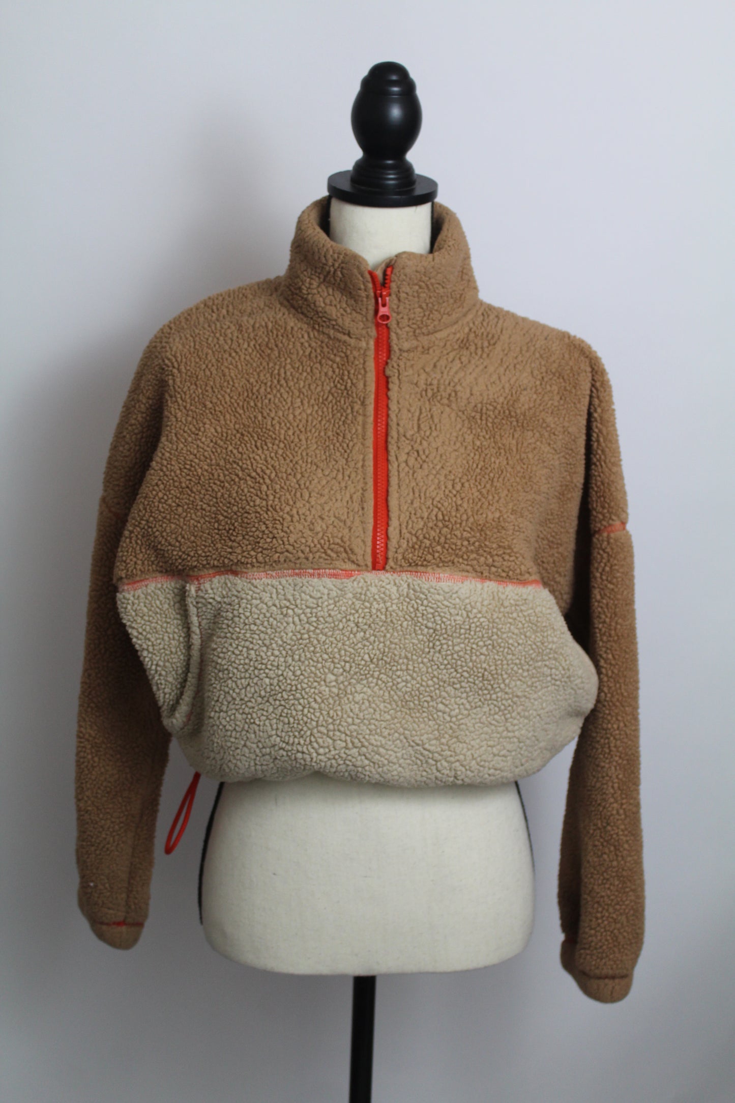 Women’s Tan & Cream Colorblock Sherpa Quarter-Zip Pullover – Size Small