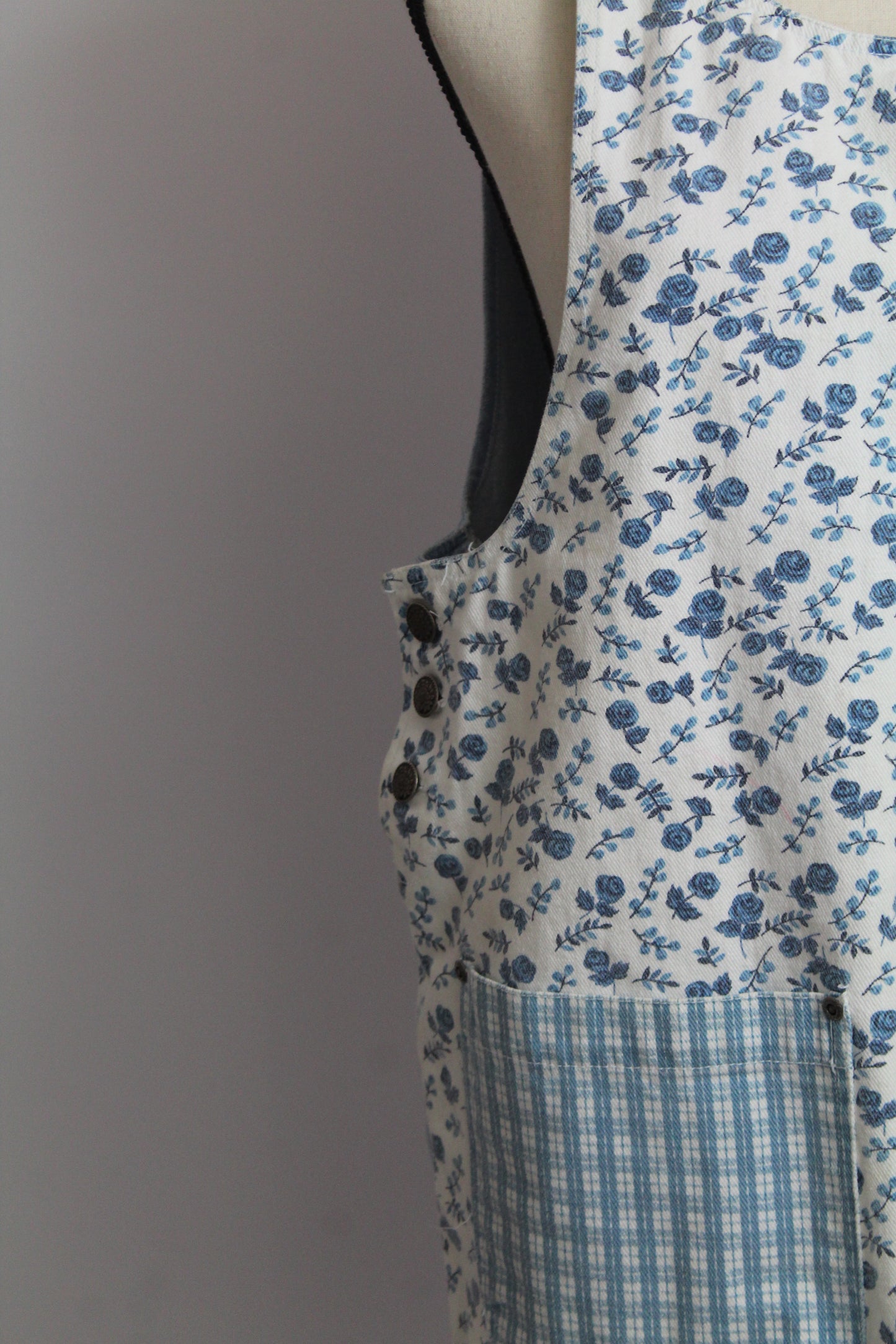 Women's Vintage Blue Floral & Denim Patchwork Jumper Dress (Apron Dress)