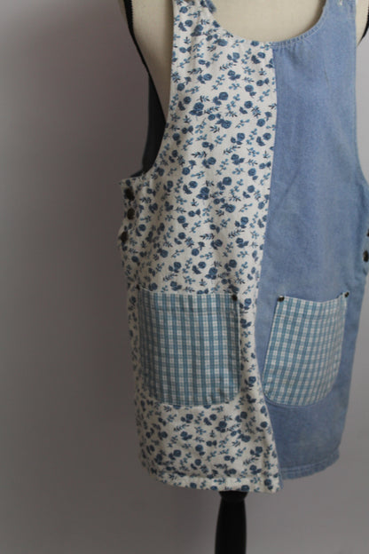 Women's Vintage Blue Floral & Denim Patchwork Jumper Dress (Apron Dress)