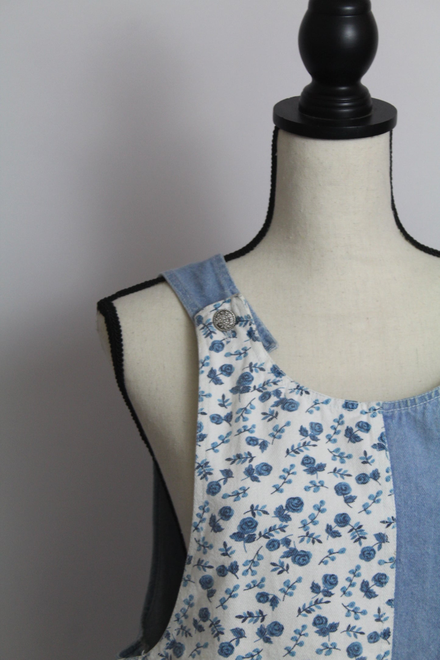 Women's Vintage Blue Floral & Denim Patchwork Jumper Dress (Apron Dress)