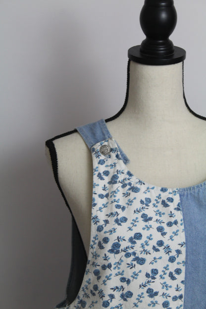 Women's Vintage Blue Floral & Denim Patchwork Jumper Dress (Apron Dress)
