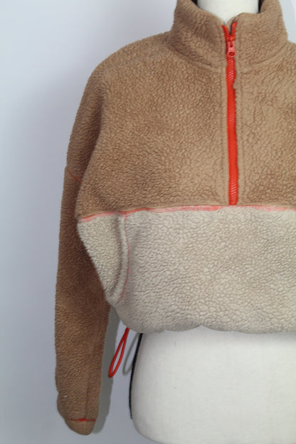 Women’s Tan & Cream Colorblock Sherpa Quarter-Zip Pullover – Size Small