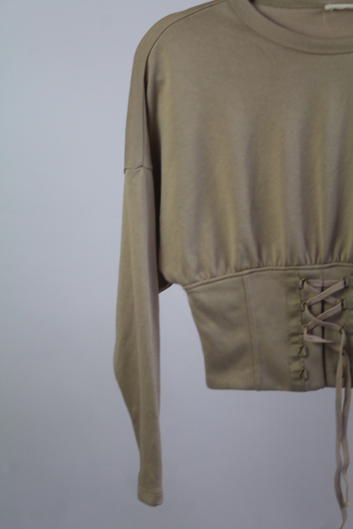 Zara W&B Collection Cropped Long Sleeve Tan Blouse Size Small