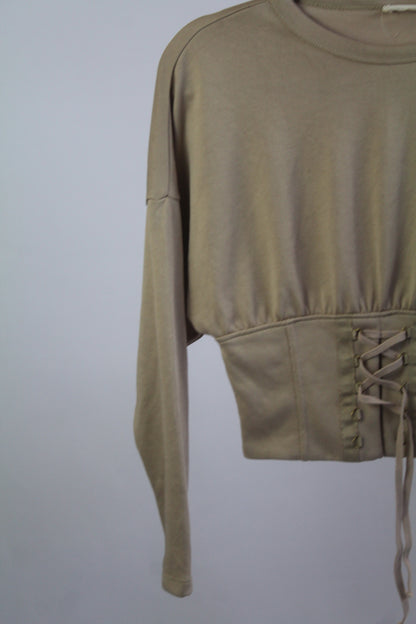 Zara W&B Collection Cropped Long Sleeve Tan Blouse Size Small