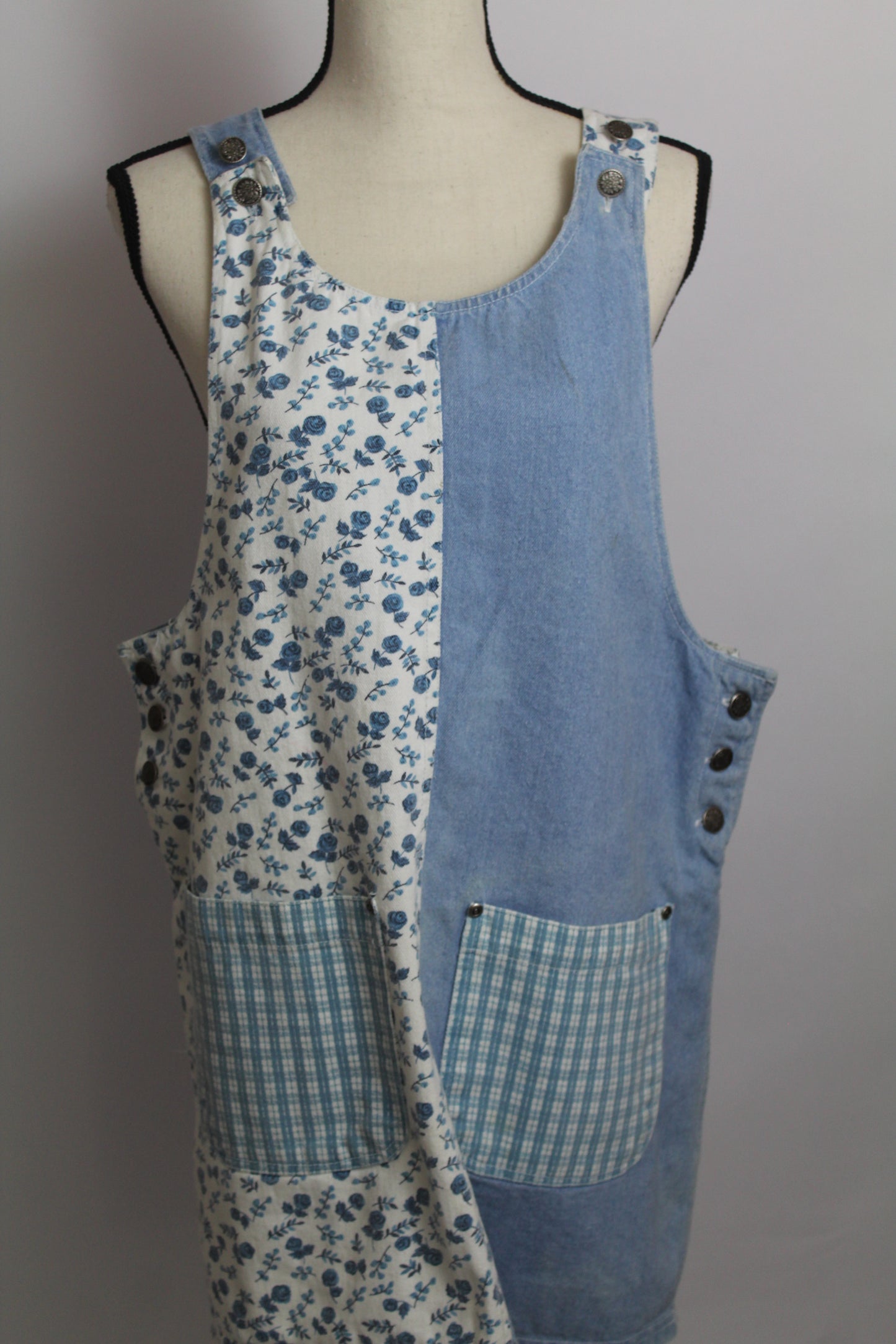 Women's Vintage Blue Floral & Denim Patchwork Jumper Dress (Apron Dress)