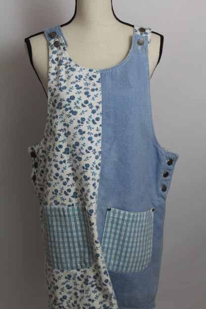 Women's Vintage Blue Floral & Denim Patchwork Jumper Dress (Apron Dress)