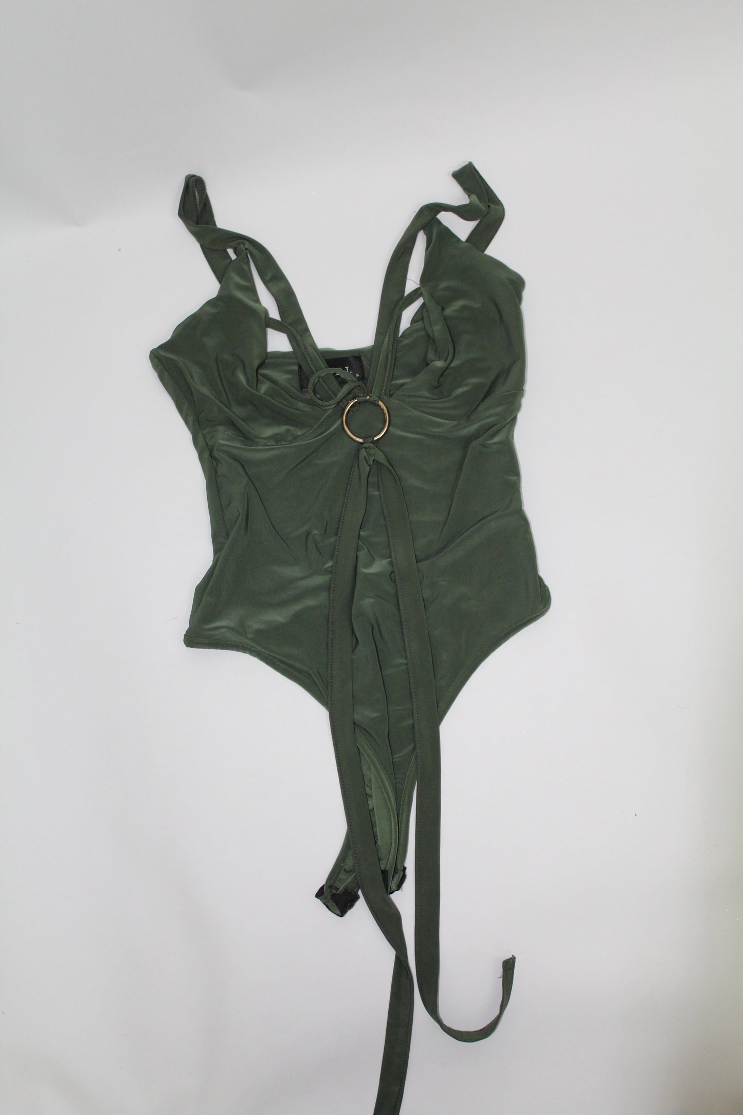 Women’s Olive Green Tie-Front Ring Detail Bodysuit – Size Unknown