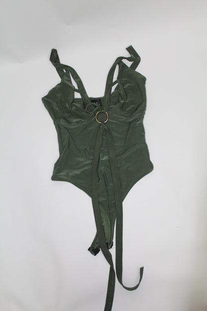 Women’s Olive Green Tie-Front Ring Detail Bodysuit – Size Unknown