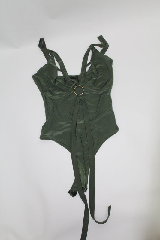 Women’s Olive Green Tie-Front Ring Detail Bodysuit – Size Unknown