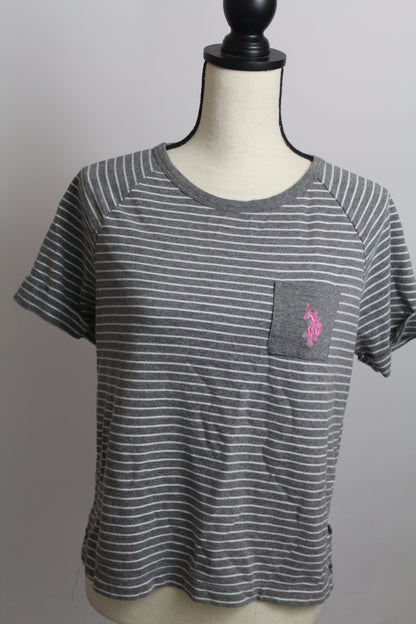 Women’s U.S. Polo Assn. Grey & White Striped Long Sleeve Tee – Size Medium