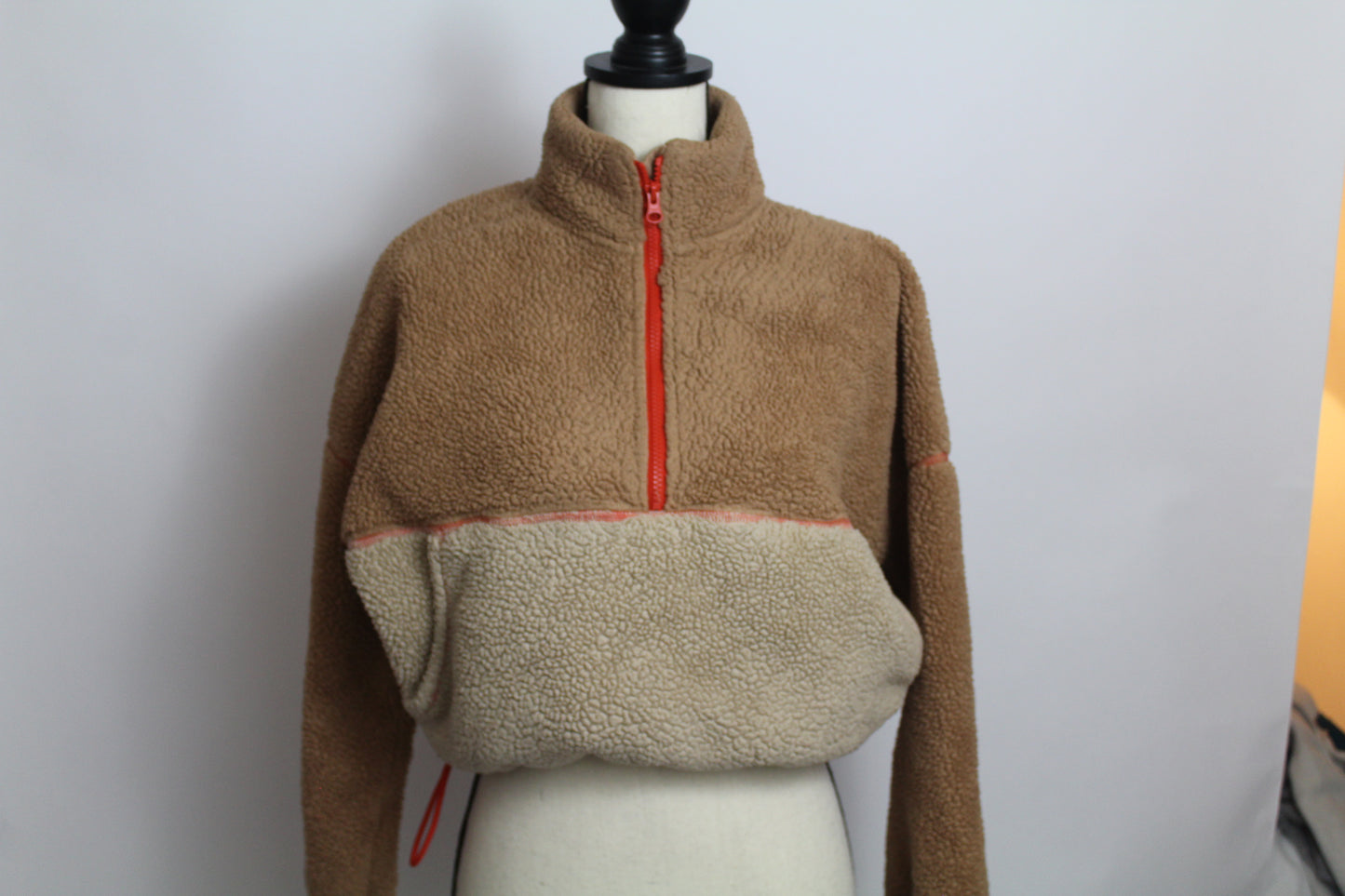Women’s Tan & Cream Colorblock Sherpa Quarter-Zip Pullover – Size Small