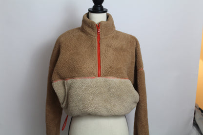 Women’s Tan & Cream Colorblock Sherpa Quarter-Zip Pullover – Size Small