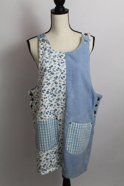 Women's Vintage Blue Floral & Denim Patchwork Jumper Dress (Apron Dress)