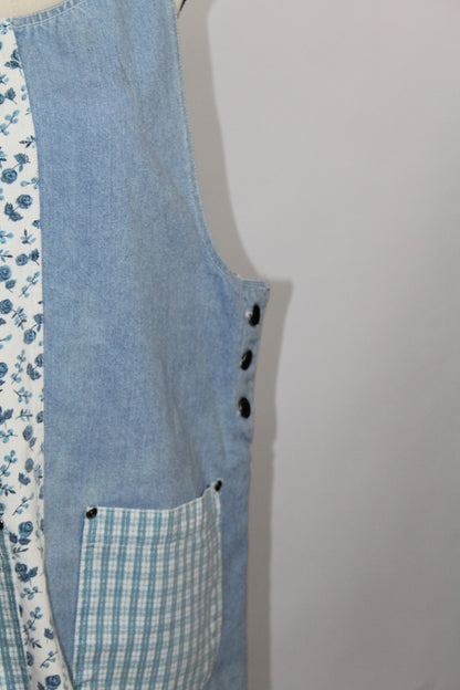 Women's Vintage Blue Floral & Denim Patchwork Jumper Dress (Apron Dress)