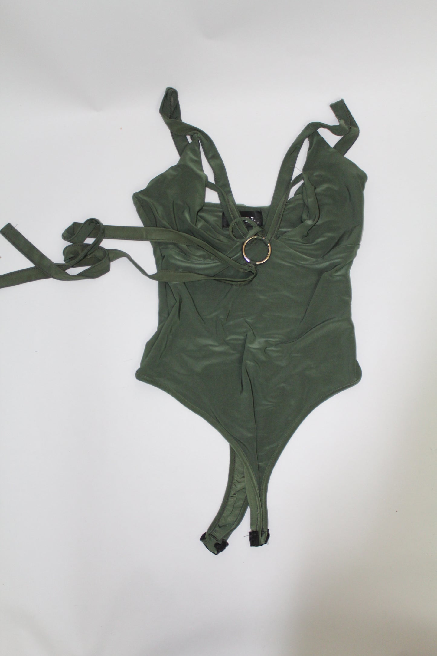Women’s Olive Green Tie-Front Ring Detail Bodysuit – Size Unknown