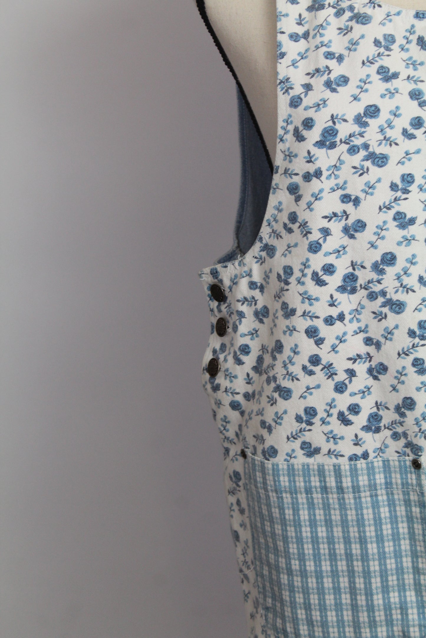 Women's Vintage Blue Floral & Denim Patchwork Jumper Dress (Apron Dress)