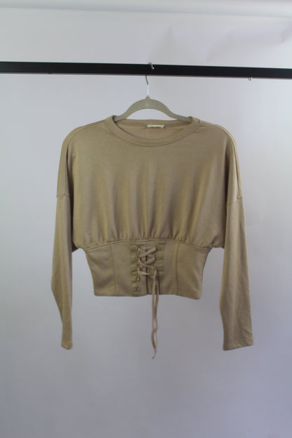 Zara W&B Collection Cropped Long Sleeve Tan Blouse Size Small
